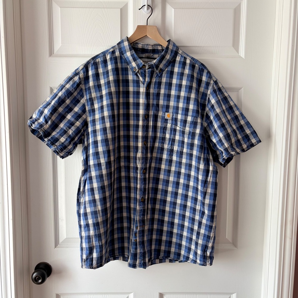 Carhartt Mens XL Relaxed Fit Short Sleeve Plaid Button Down Shirt Blue Gingham
